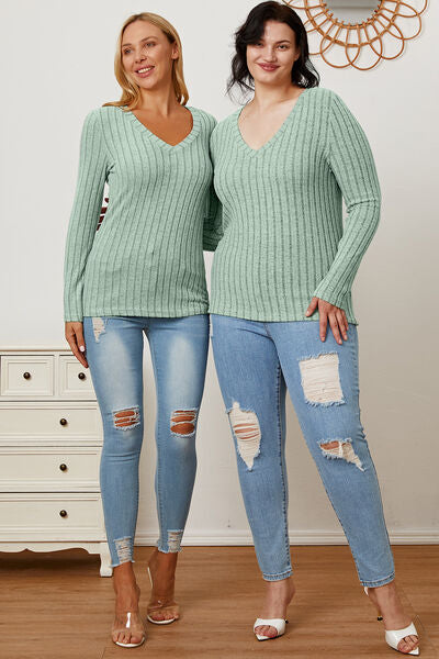 Full Size Ribbed V-Neck Long Sleeve T-Shirt - Munsieur