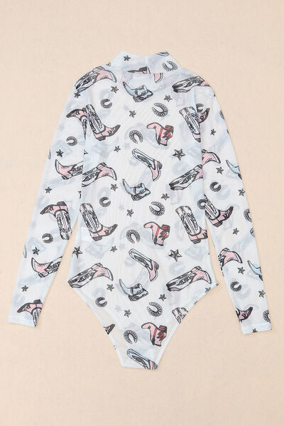 Printed Mock Neck Long Sleeve Bodysuit - Munsieur