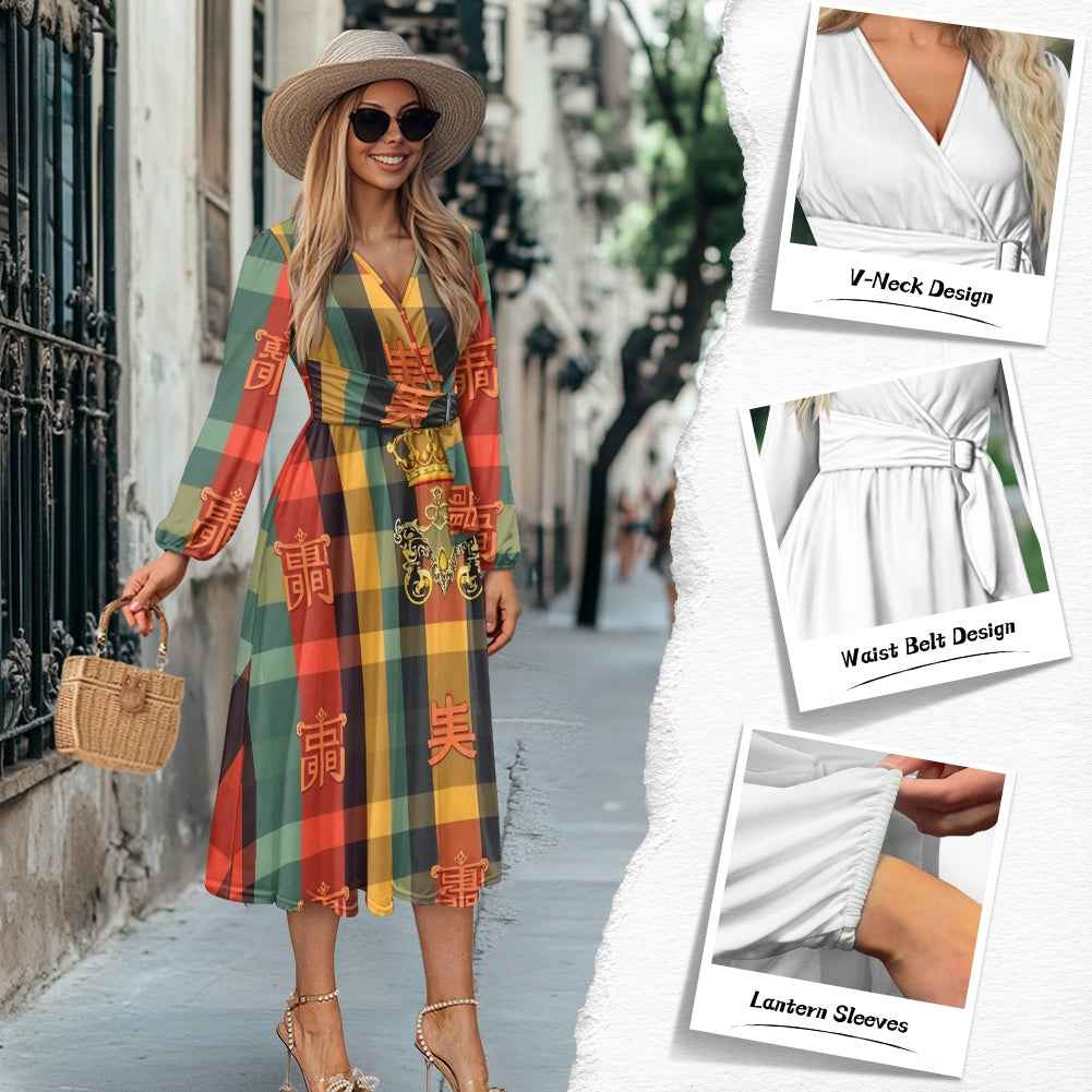 V-Neck Long Sleeve Tie Waist Midi Dress