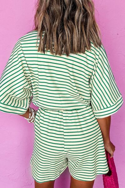 Striped Half Sleeve Tie Waist Romper - Munsieur