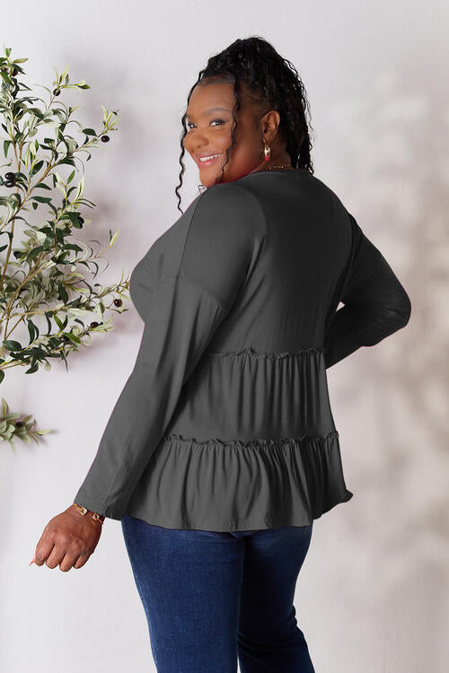 Double Take Half Button Long Sleeve Ruffle Hem Blouse - Munsieur