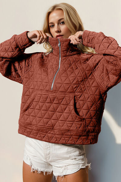 Double Take Half Zip Long Sleeve Quilted Sweatshirt with Pocket - Munsieur