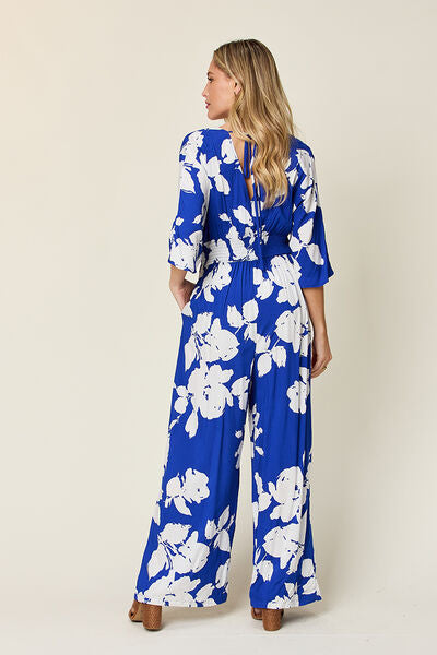 Double Take Full Size Printed Tie Back Wide Leg Jumpsuit - Munsieur