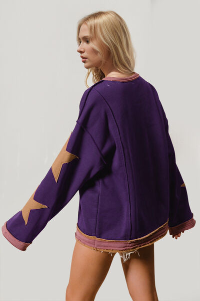 Double Take Star Patched Long Sleeve Sweatshirt for Style - Munsieur