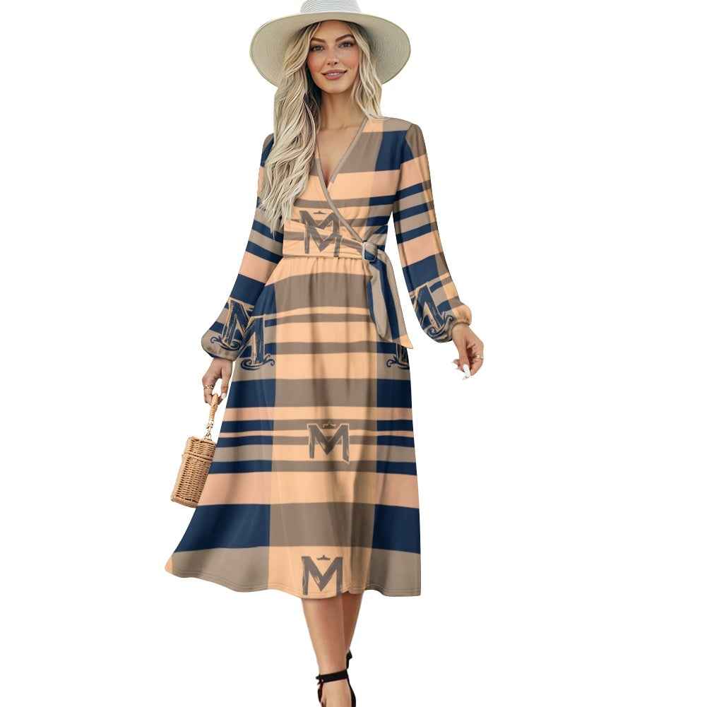 V-Neck Long Sleeve Tie Waist Midi Dress