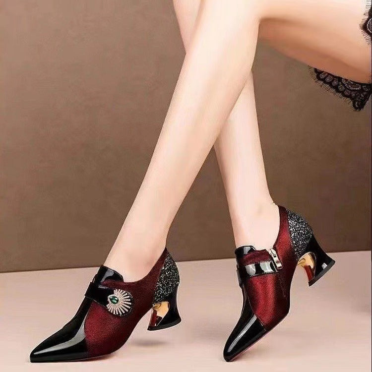 Women's Fashion Rhinestone Soft Leather Mid Heel Deep Mouth Pumps