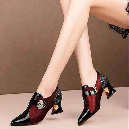 Women's Fashion Rhinestone Soft Leather Mid Heel Deep Mouth Pumps