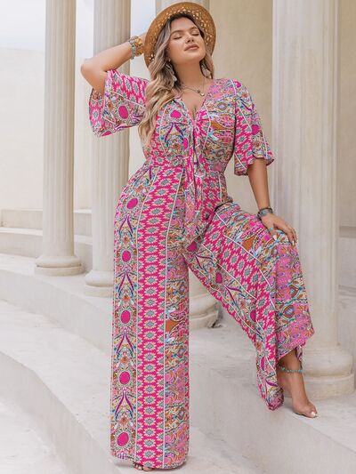 Plus Size Printed Half Sleeve Wide Leg Jumpsuit - Munsieur