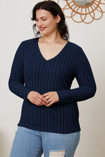 Full Size Ribbed V-Neck Long Sleeve T-Shirt - Munsieur