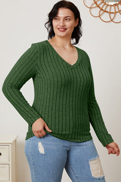 Full Size Ribbed V-Neck Long Sleeve T-Shirt - Munsieur