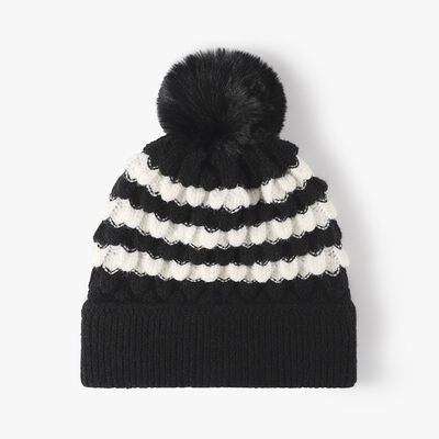 Striped Contrast Knit Hat with Pom-pom - Munsieur