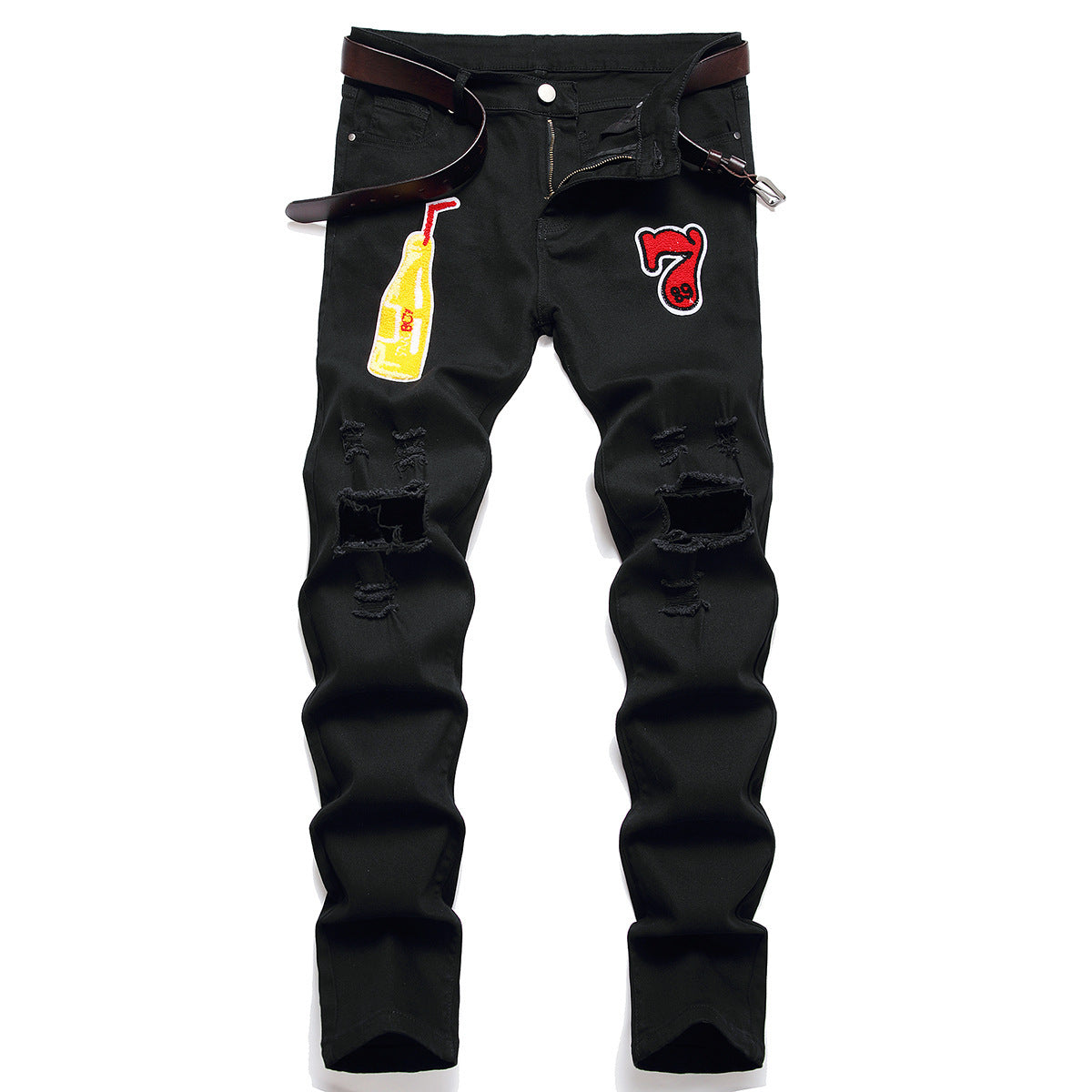 Men's Black Designer Patched Pants High Quality Fabric Slim-fitting