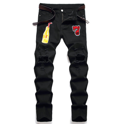 Men's Black Designer Patched Pants High Quality Fabric Slim-fitting