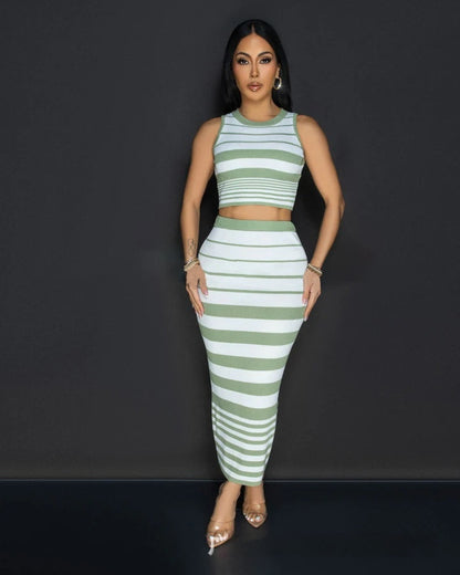 Women's Cute Hip Skirt Set Striped Maxi