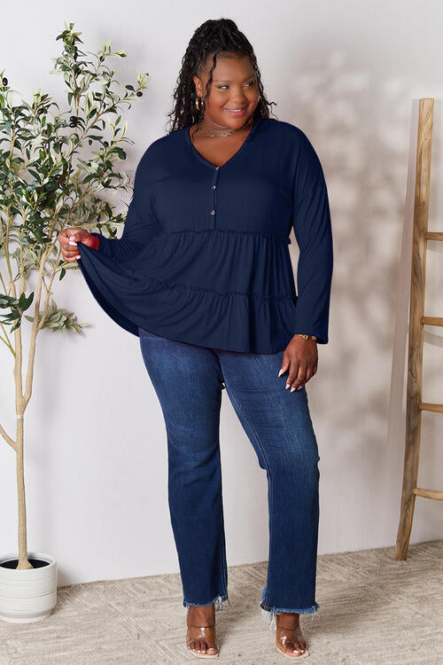 Double Take Half Button Long Sleeve Ruffle Hem Blouse - Munsieur