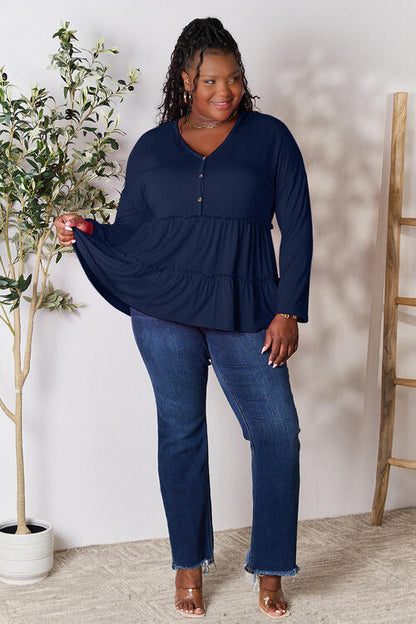 Double Take Half Button Long Sleeve Ruffle Hem Blouse - Munsieur