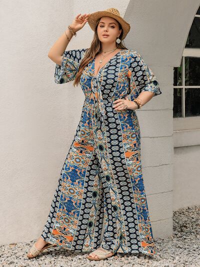 Plus Size Printed Half Sleeve Wide Leg Jumpsuit - Munsieur