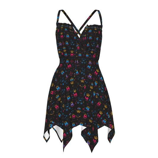 Munsieur edgy luxury slip dress for women in black with colorful abstract patterns and asymmetrical hem