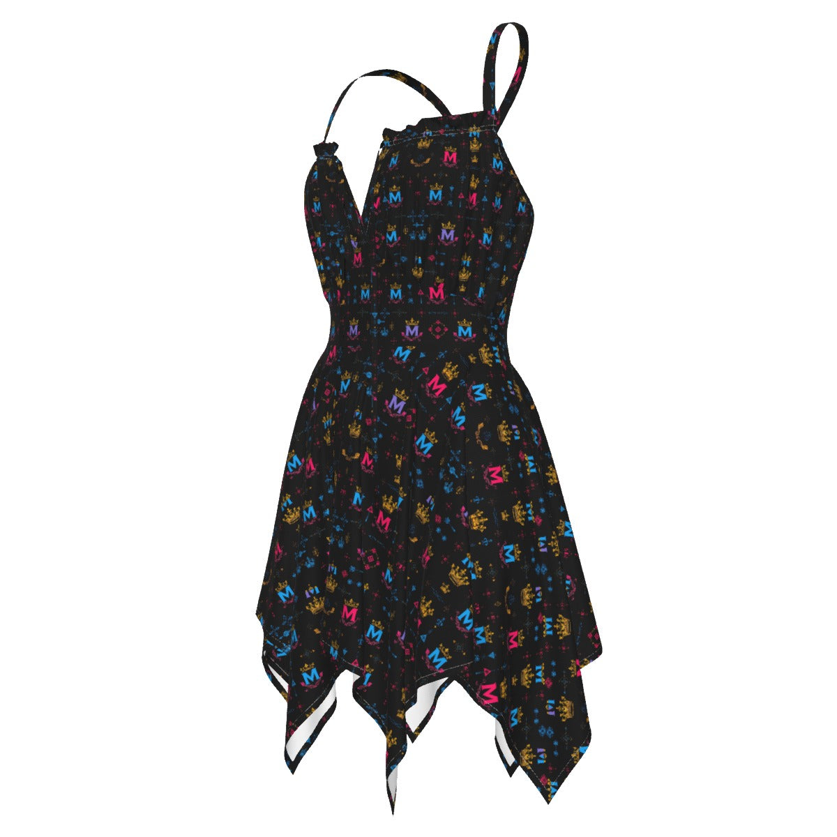Munsieur edgy luxury slip dress for women in black with colorful pattern and asymmetric hem