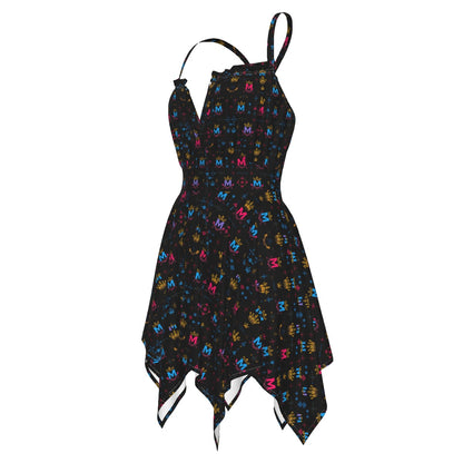 Munsieur edgy luxury slip dress for women in black with colorful pattern and asymmetric hem