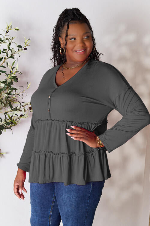 Double Take Half Button Long Sleeve Ruffle Hem Blouse - Munsieur