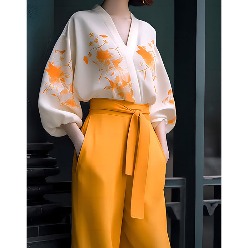 Women's Fashionable Retro High-end Slimming Wear Flab Hiding Blouse Wide-leg Bodysuit Two-piece Set Women