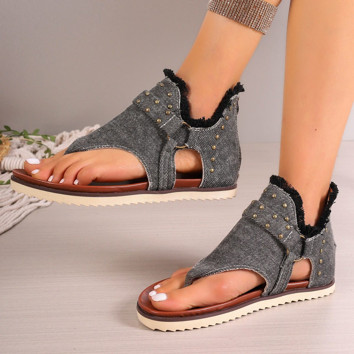 Women's Denim Sandals With Rear Zipper Summer Retro Beach Flats