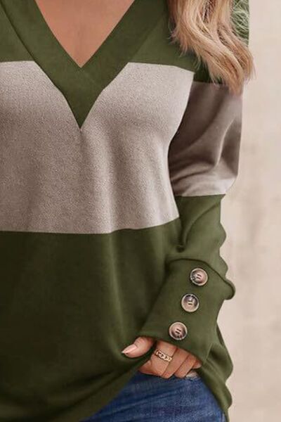 Decorative Button Contrast V-Neck Long Sleeve T-Shirt - Munsieur
