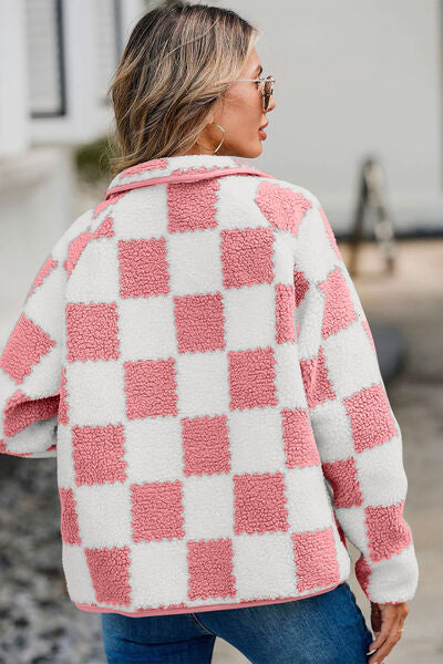 Checkered Snap Down Long Sleeve Teddy Jacket - Munsieur