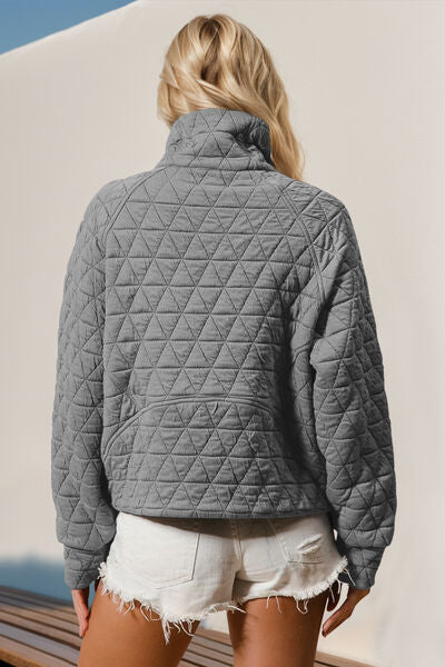 Double Take Half Zip Long Sleeve Quilted Sweatshirt with Pocket - Munsieur
