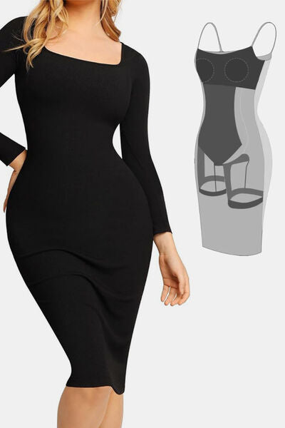 Full Size Built-In Shapewear Square Neck Long Sleeve Dress - Munsieur