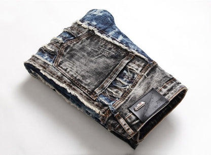Embroidered Patched Hole Slim Stretch Men's Pants Designer Street Casual