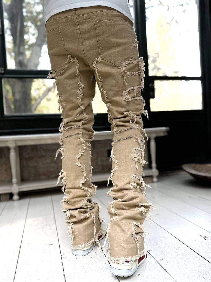 Men's Patched Pants Long Tight Fit Stacked Pants For Men