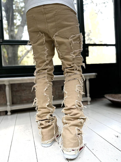 Men's Patched Pants Long Tight Fit Stacked Pants For Men