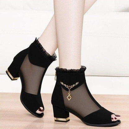 Women's Sexy Frill Hollow Ankle Boots Chunky All Matching - Munsieur