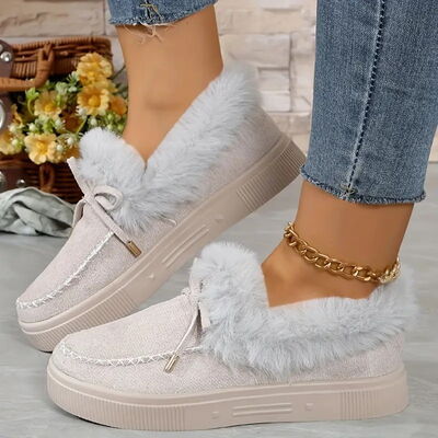 Bow Furry Round Toe Flat Slip-Ons - Munsieur