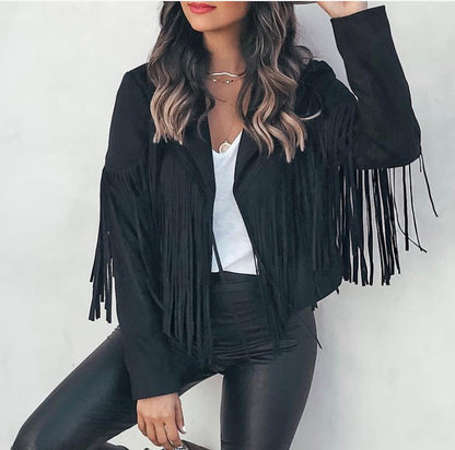 Women's Faux Suede Leather Fringe Jacket Motorcycle Moto Biker Open Front Tassel - Munsieur