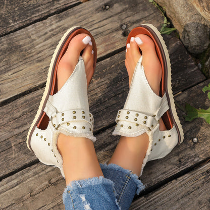 Women's Denim Sandals With Rear Zipper Summer Retro Beach Flats