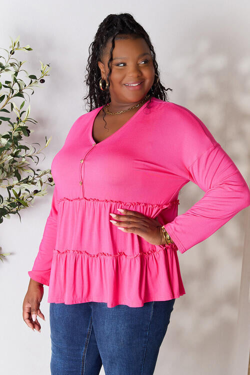 Double Take Half Button Long Sleeve Ruffle Hem Blouse - Munsieur