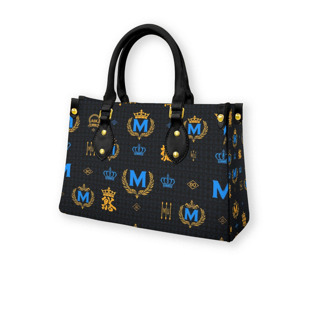 Munsieur zip pocket fashion handbag black with gold and blue royal emblem pattern and black handles