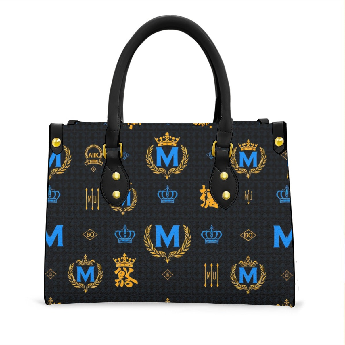 Munsieur zip pocket fashion handbag in black with gold and blue emblem print and black handles