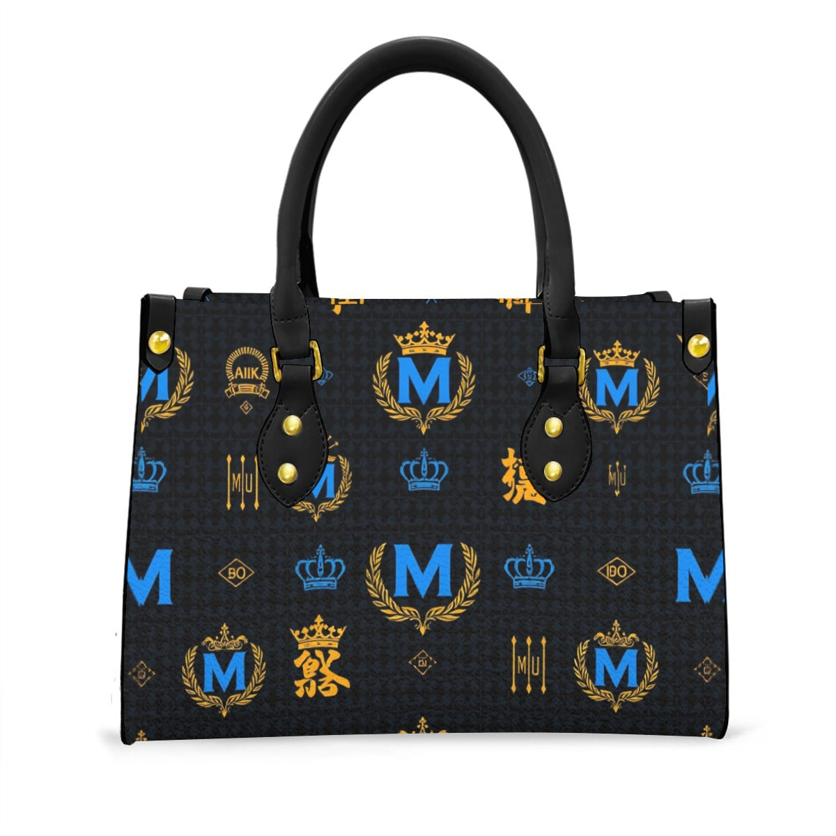 Munsieur zip pocket fashion handbag in black with blue and gold crown and emblem pattern