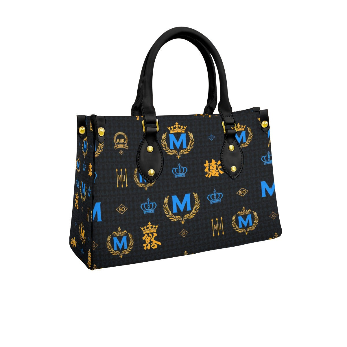 Munsieur black zip pocket fashion handbag with blue and gold crown and emblem pattern