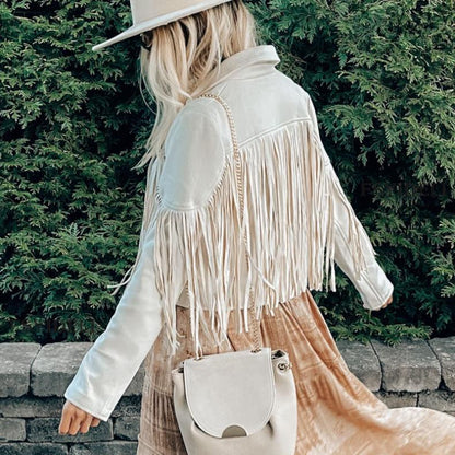 Women's Faux Suede Leather Fringe Jacket Motorcycle Moto Biker Open Front Tassel - Munsieur