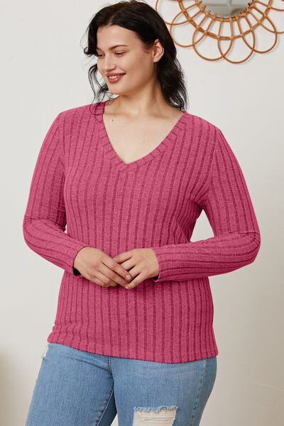 Full Size Ribbed V-Neck Long Sleeve T-Shirt - Munsieur