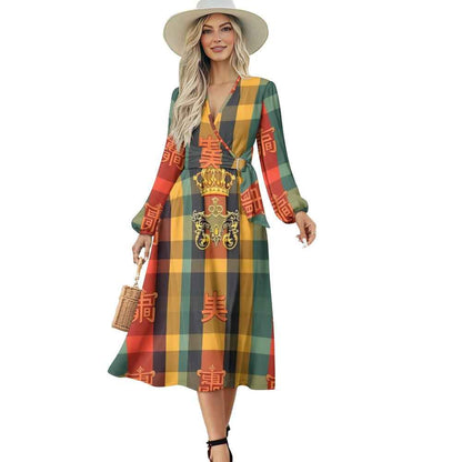 V-Neck Long Sleeve Tie Waist Midi Dress