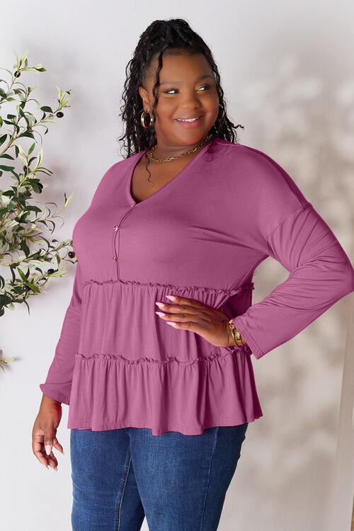 Double Take Half Button Long Sleeve Ruffle Hem Blouse - Munsieur