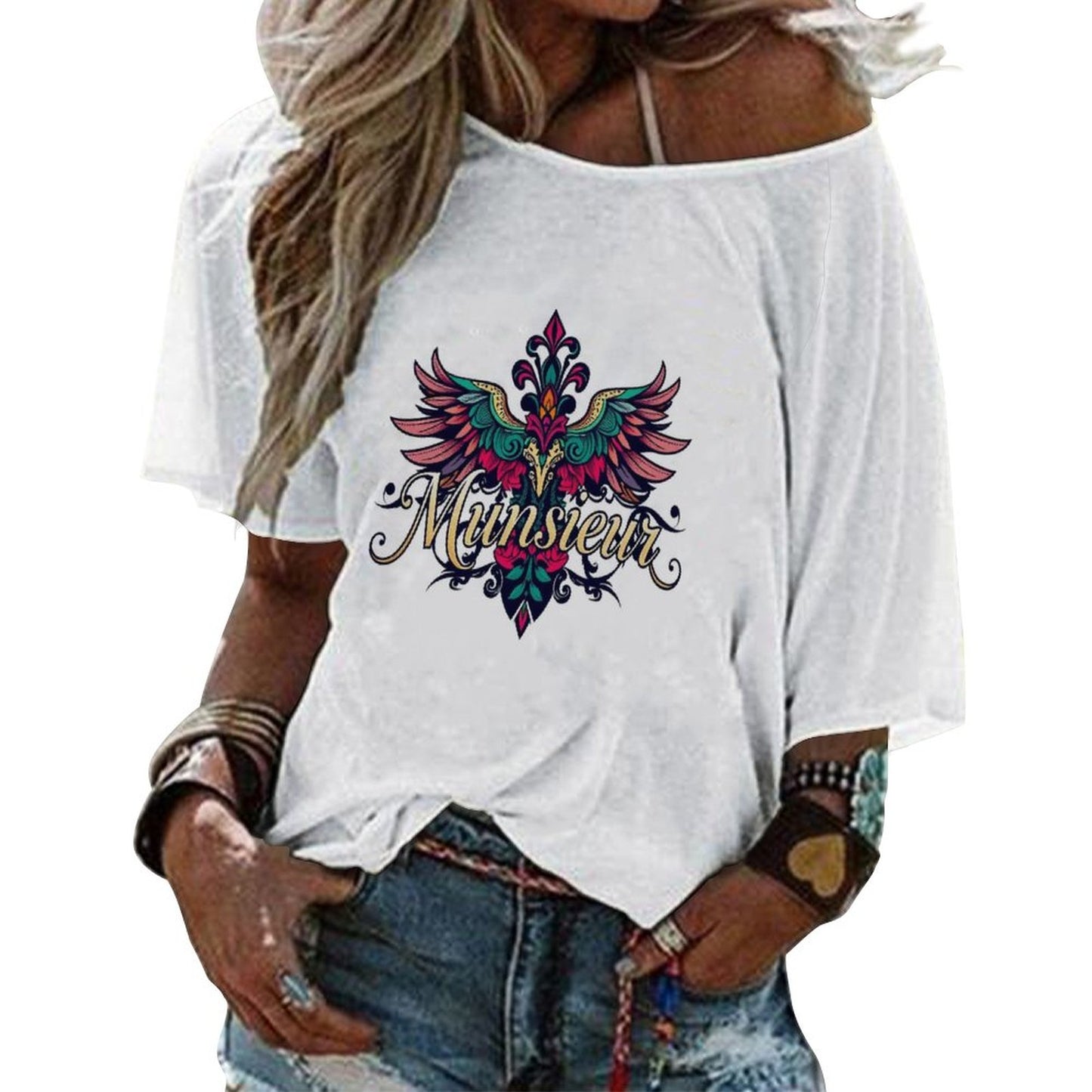 Munsieur Women's Off the Shoulder Half-Sleeve T-shirt