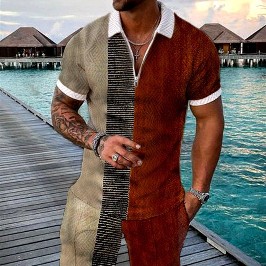 Men's Summer Fashion 3D Printed Geometric Zip Lapel Shorts Set