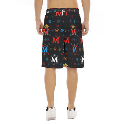 Munsieur graphic print leisure shorts for men in black with colorful crown and M logo pattern